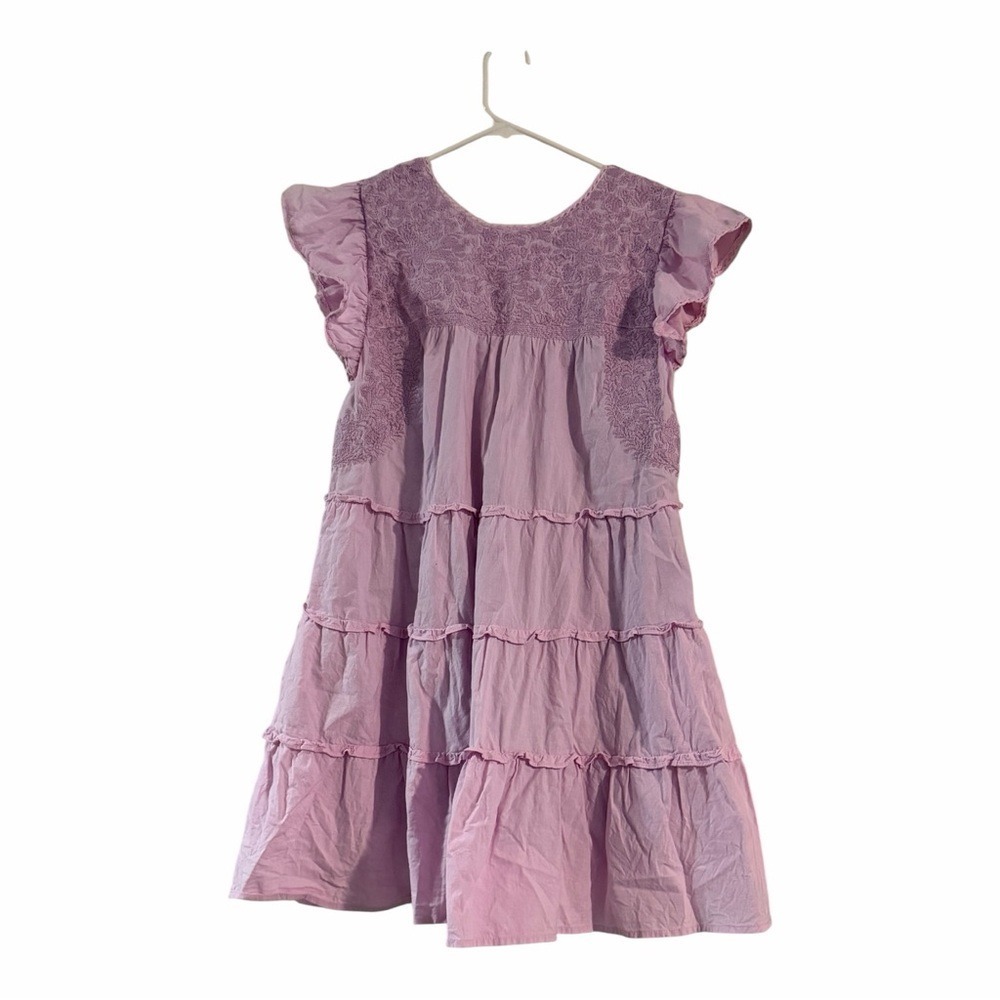J.Marie Pink Tiered Embroidered Dress Size Small Cotton Flutter Sleeve Boho - Picture 4 of 6